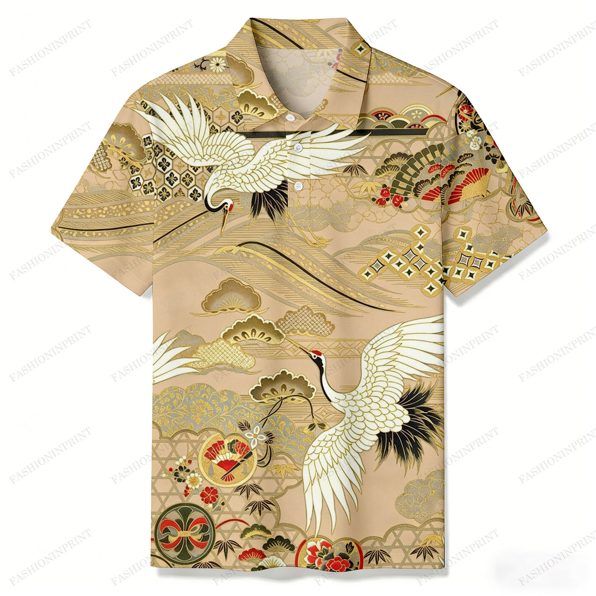 Men's Apricot Crane Casual Short Sleeved Polo Shirt