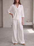 Clearance Sale🔥 Women's Peter Pan Collar V-Neck 3/4-Sleeve Cotton-Linen Two-Piece Set