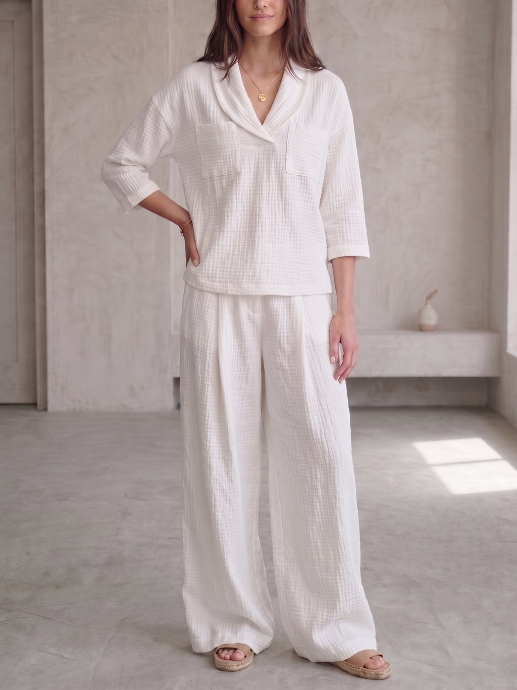 🌟 Clearance Sale🔥 Women's Peter Pan Collar V-Neck 3/4-Sleeve Cotton-Linen Two-Piece Set