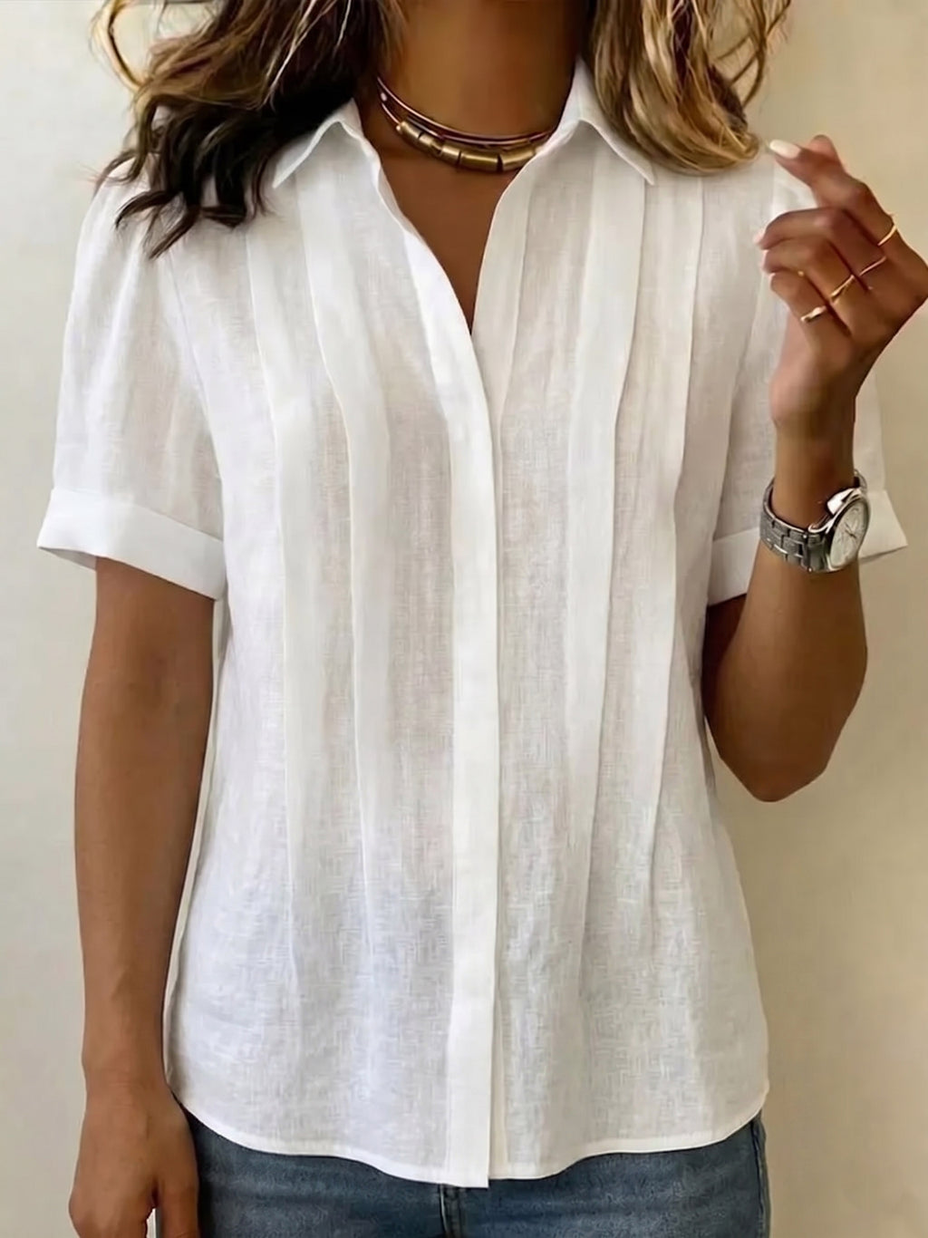 Clearance Sale🔥 Women's Lapel Short-sleeved Casual Loose Pleated Cotton And Linen Shirt T Shirts