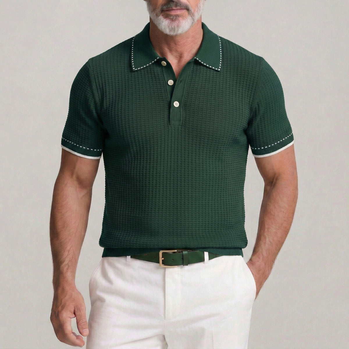 Men's Solid Color Slim Fit Turndown Collar Contrast Trim Knitted Polo Shirt