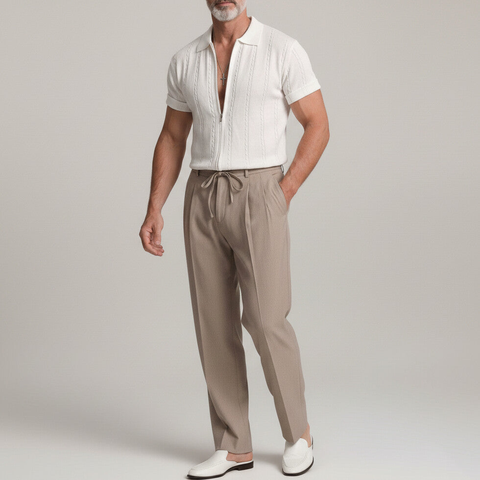 Men's Solid Color Cable Knit Texture Turndown Collar Zipper Short Sleeve Shirt