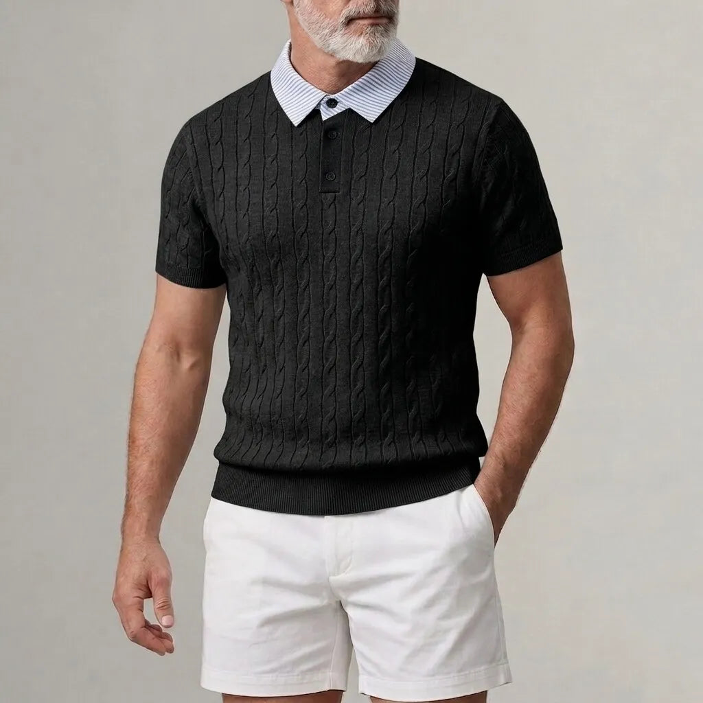 Men's Cable Knitted Striped Turndown Collar Short Sleeve 2 in 1 Polo Shirt