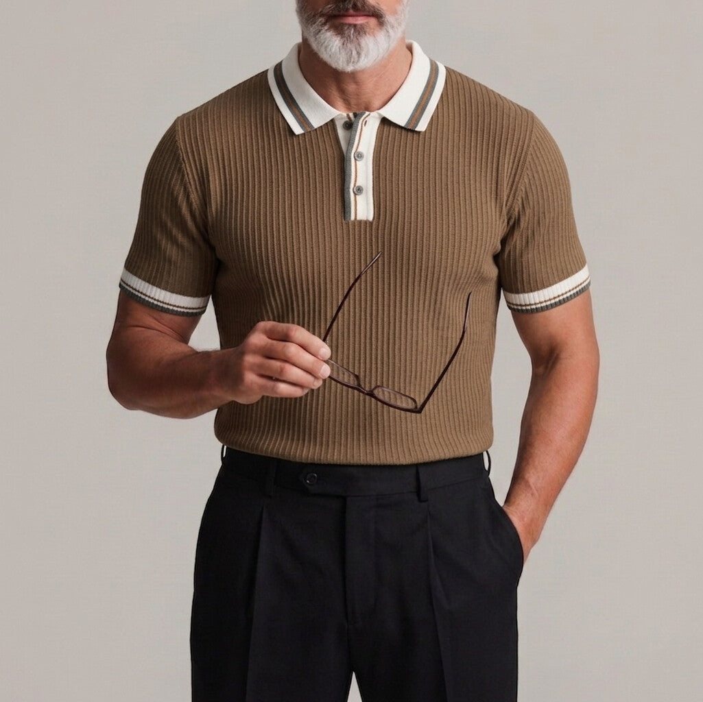 Men's Business Casual Plain Pit Stripe Contrast Trim Short Sleeve Polo Shirt