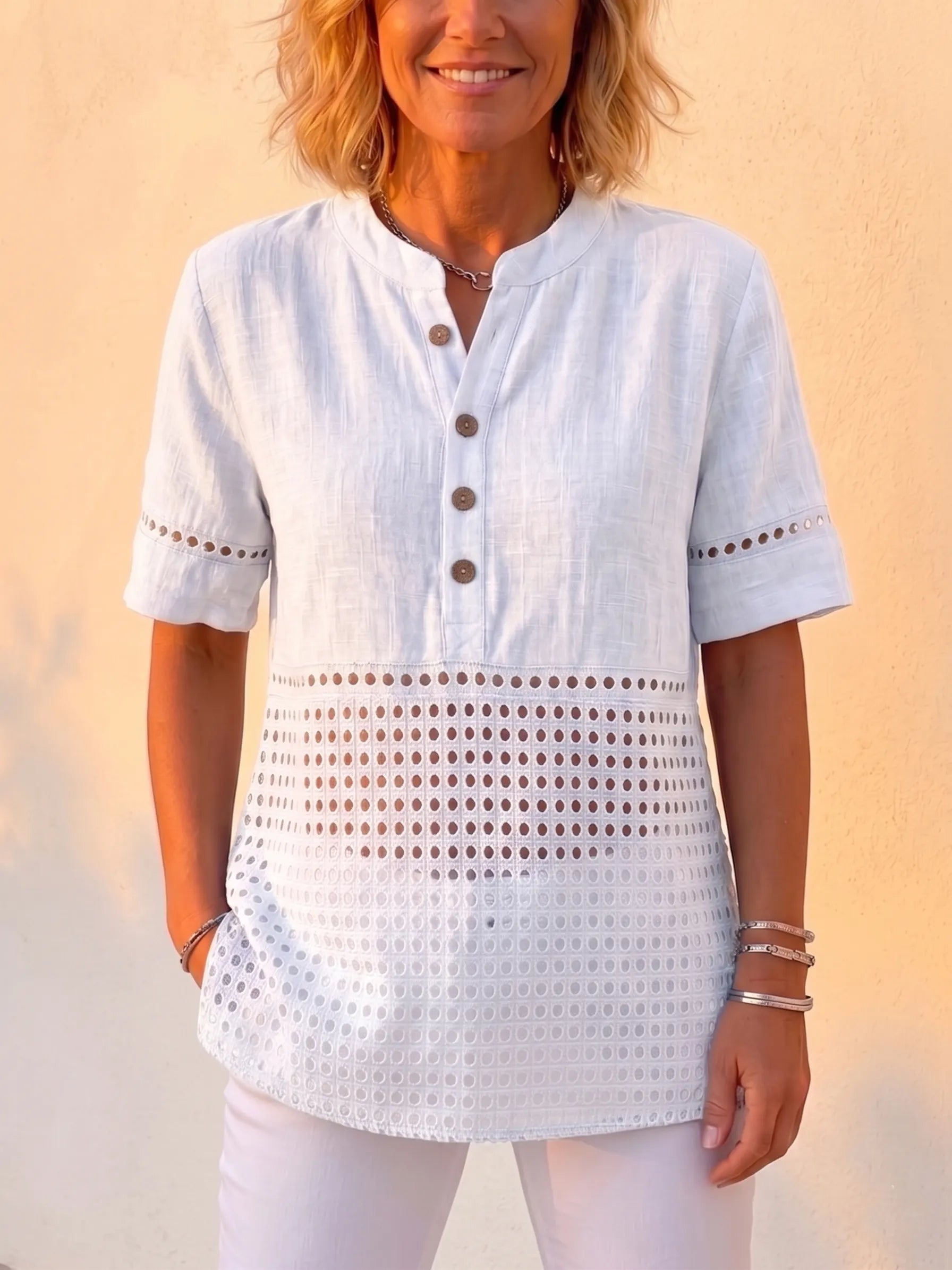 Clearance Sale🔥 Women's Vintage Cotton Linen Eyelet Lace Short Sleeve Shirt, Boho Button-Up Henley Blouse