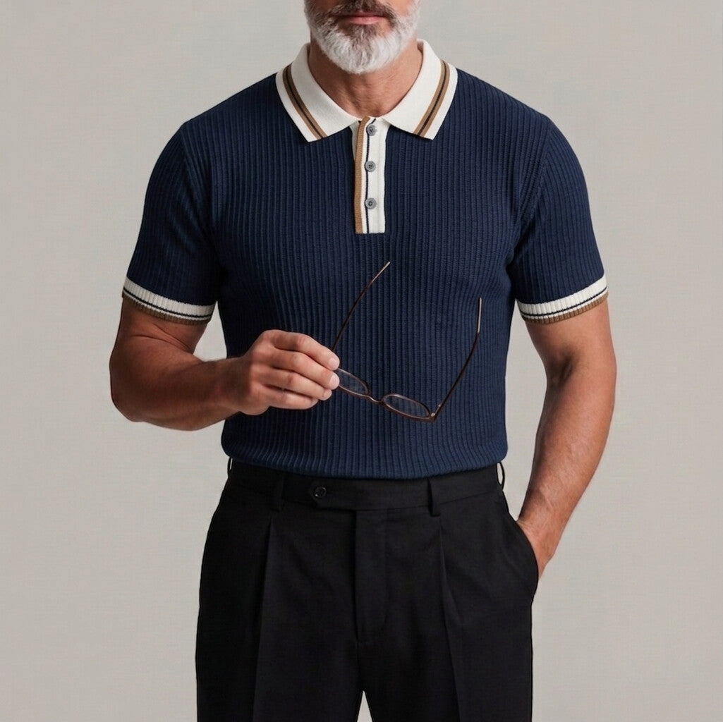 Men's Business Casual Plain Pit Stripe Contrast Trim Short Sleeve Polo Shirt