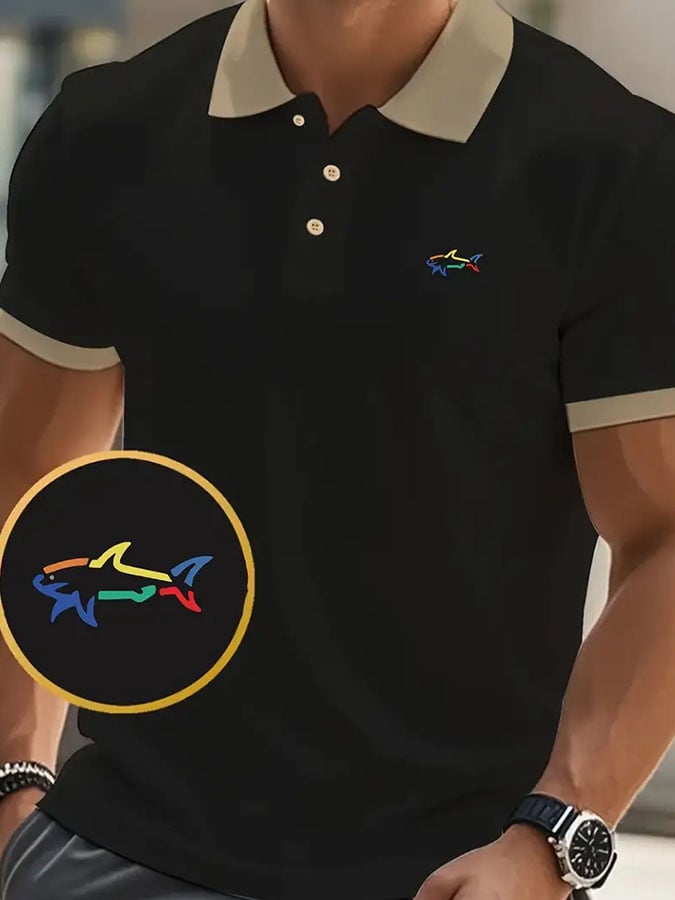 Men's Classic Casual Business Whale Fashion Color Block Polo Shirt