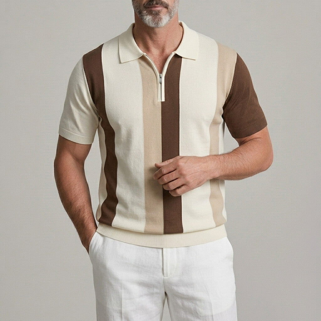 Men's Business Casual Colorblock Half Zipper Slim Knitted Polo Shirt
