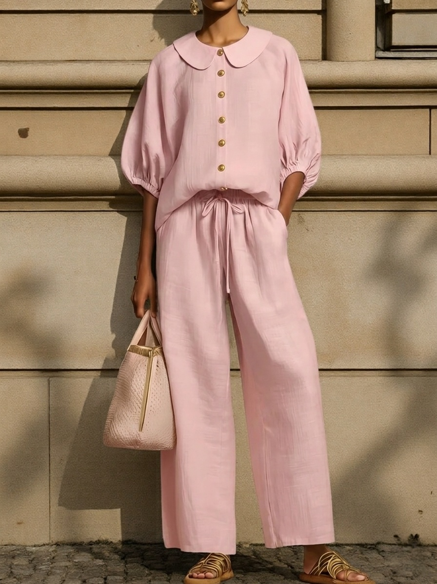 Clearance Sale🔥 Stylish Peter Pan Collar Shirt And Wide-leg Pant Linen Two-piece Set