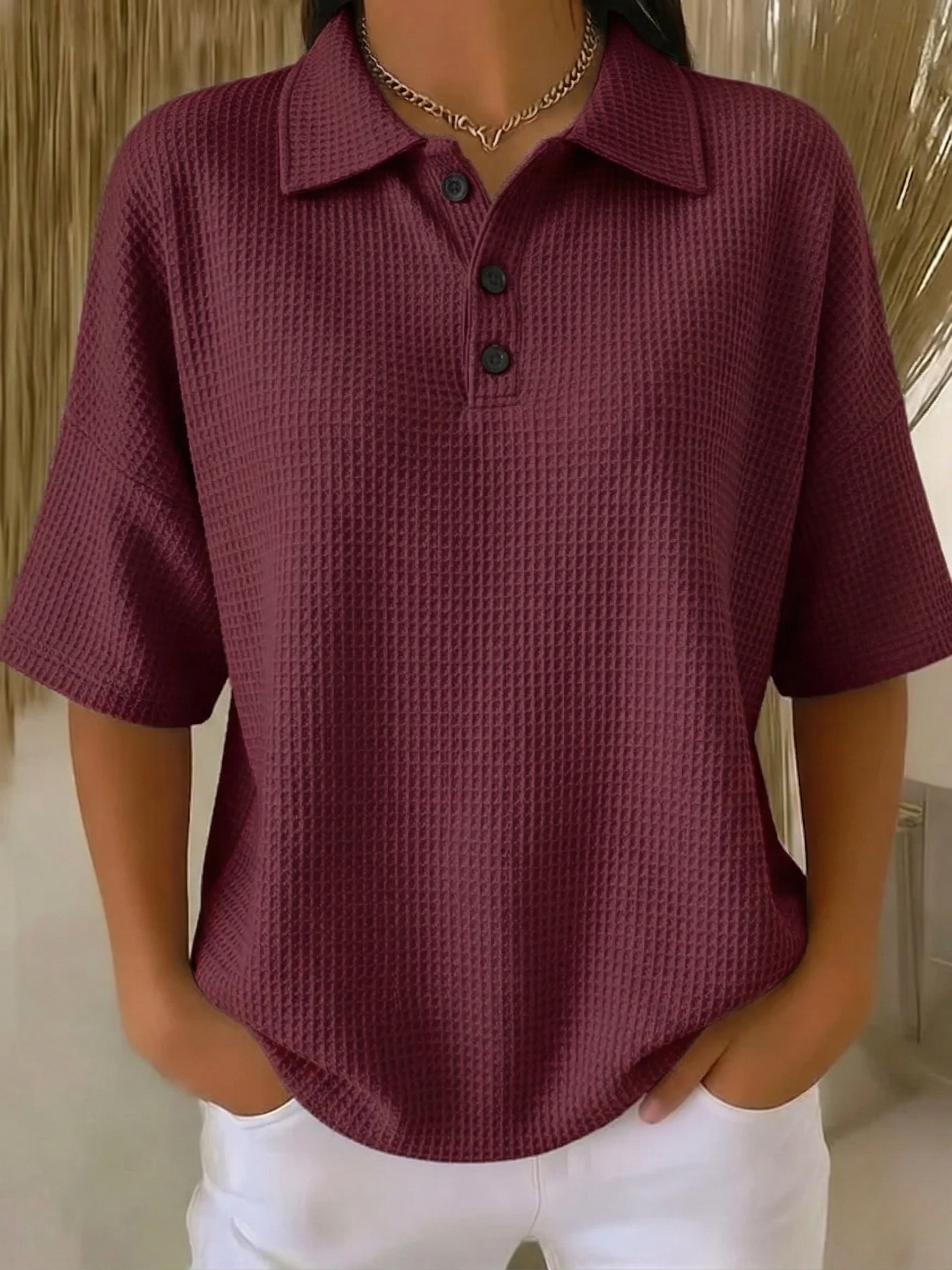 Clearance Sale🔥 Women's Casual Cozy Polo Collar Waffle Shirt