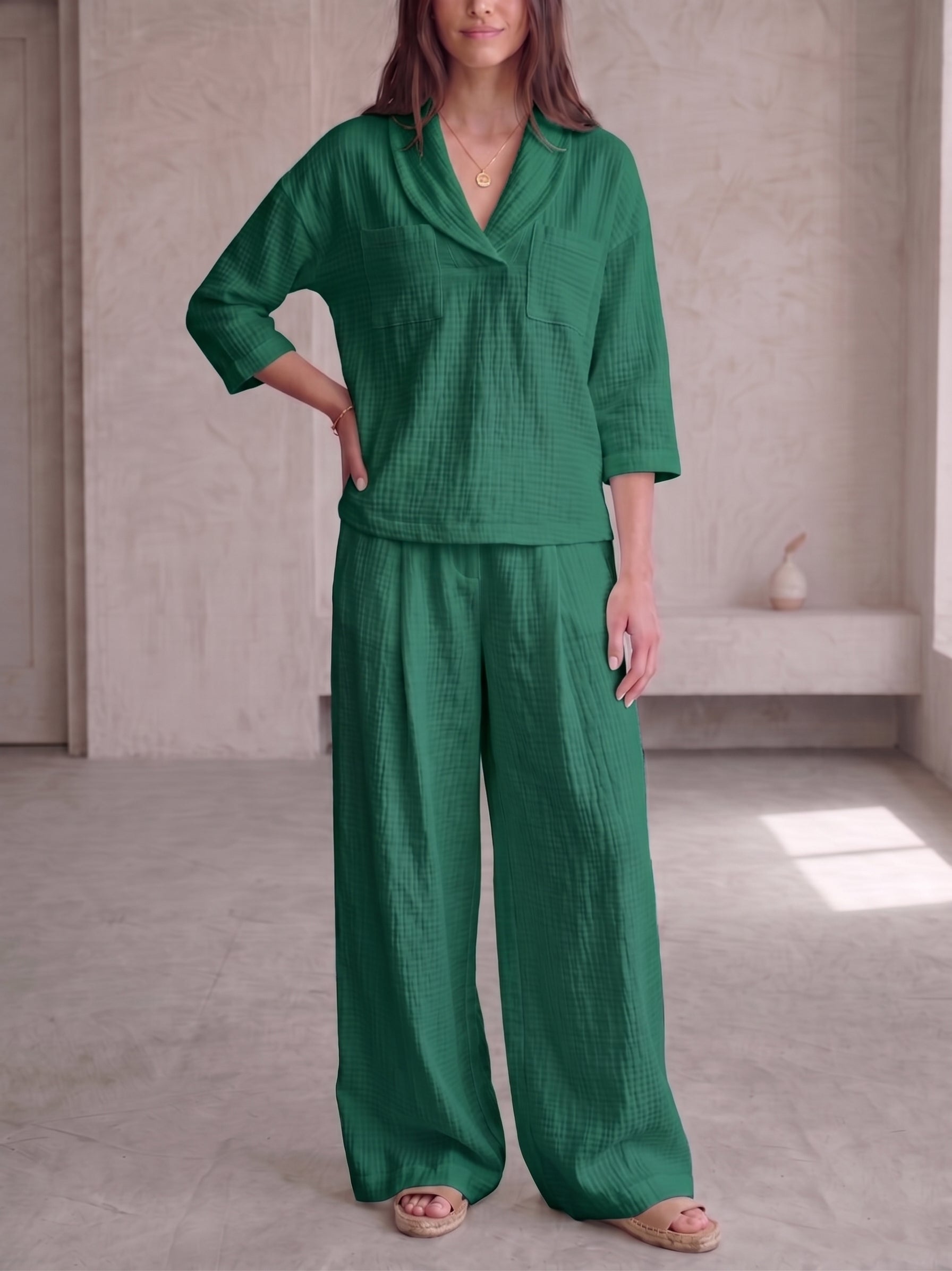 Clearance Sale🔥 Women's Peter Pan Collar V-Neck 3/4-Sleeve Cotton-Linen Two-Piece Set