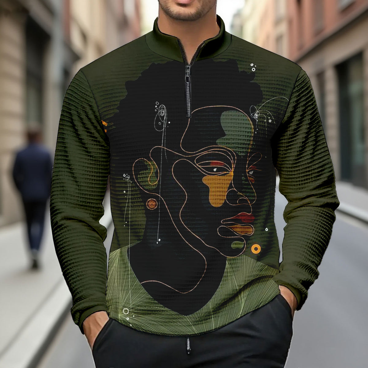 Men's Fashion Casual Stand Collar Zipper Geometric Printed Long-Sleeved T-Shirt