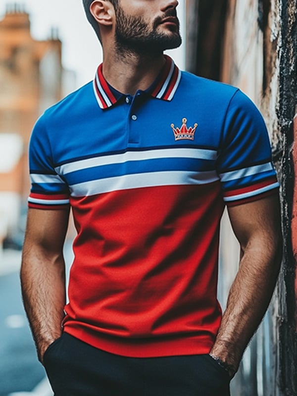 Men's Business Logo Stripe Short Sleeve Button Collar Polo Shirt