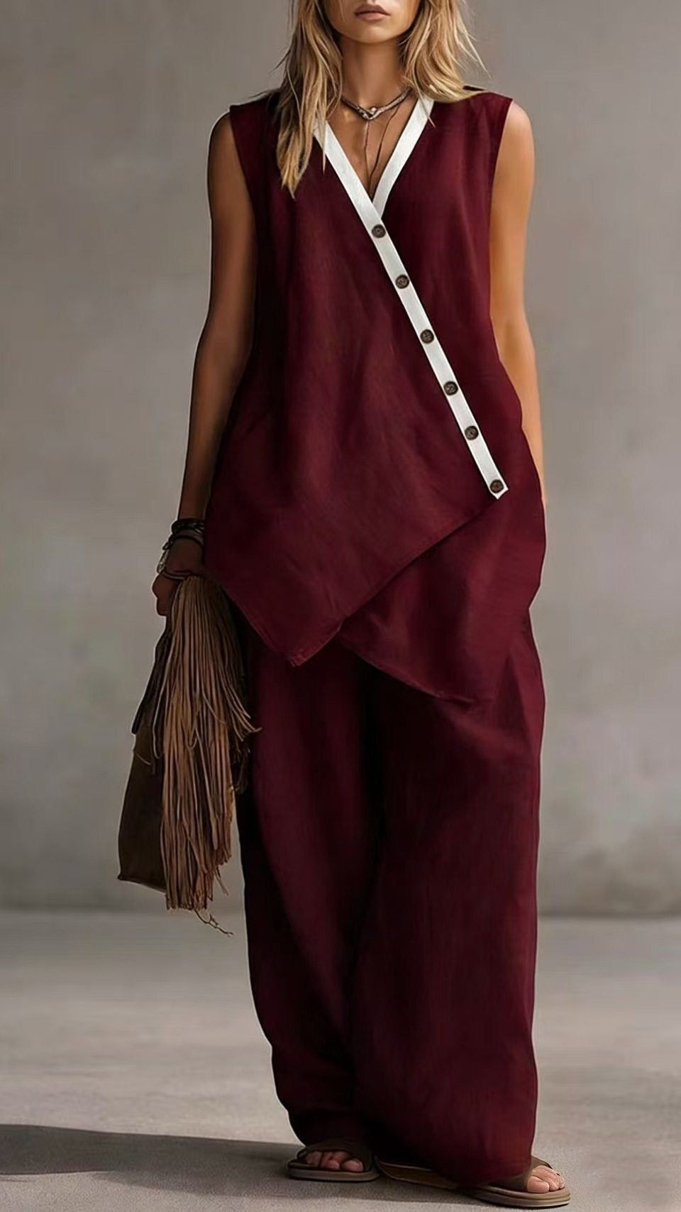 Women's V-Neck Sleeveless Wide-Leg Pants Two-Piece Set with Asymmetrical Buttons