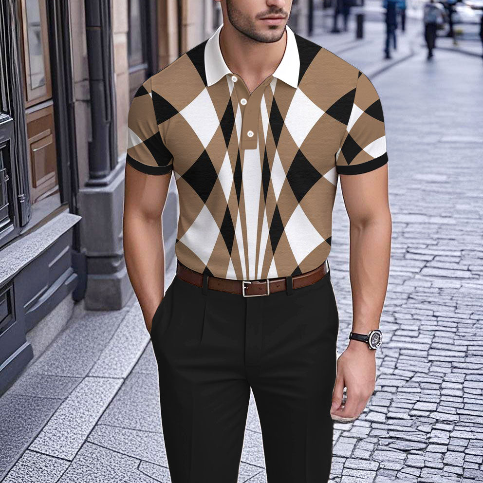 Men's Business Casual Polo Collar Geometric Printed Short-Sleeved Shirt