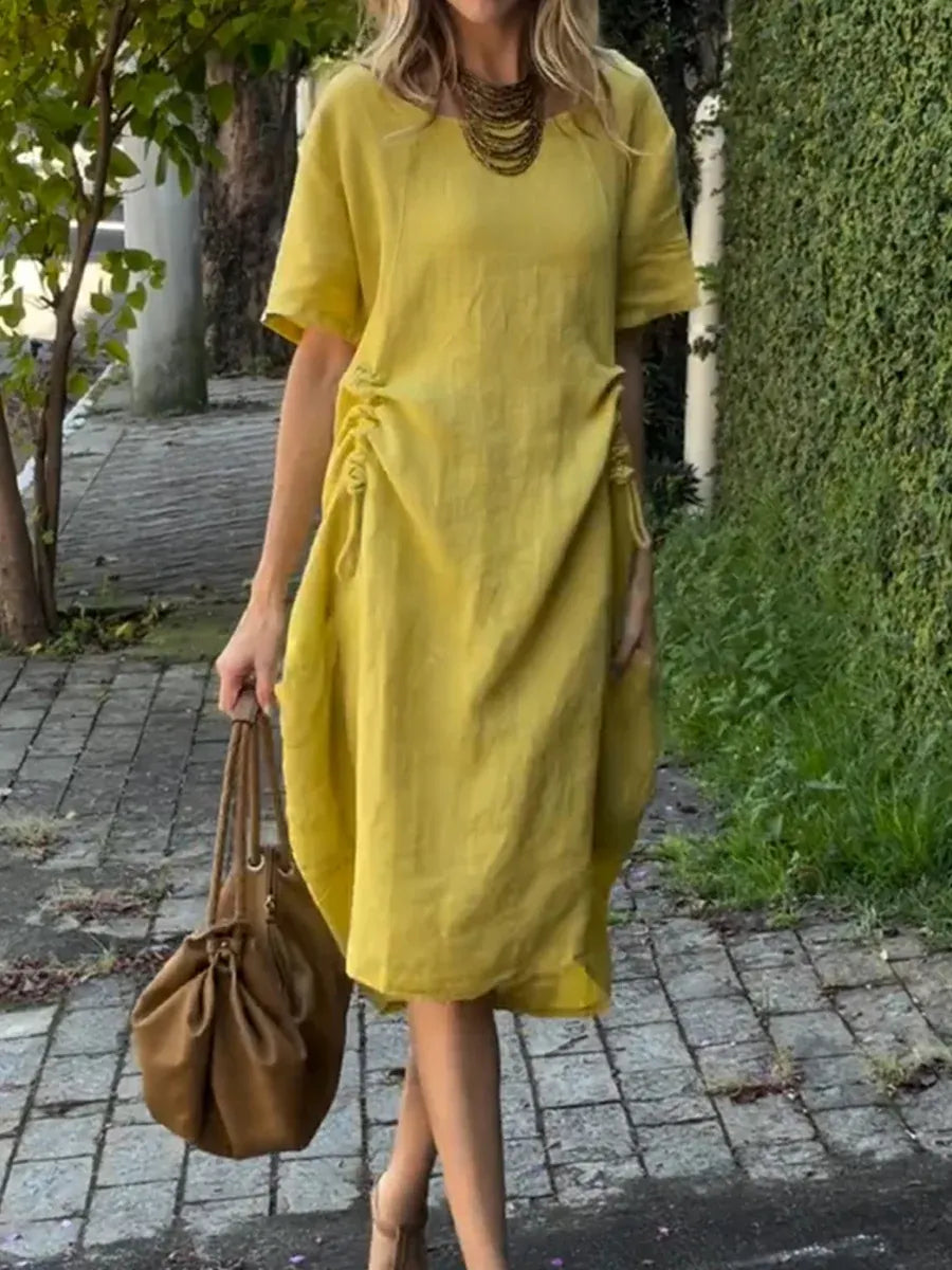 New Arrivals🔥 Linen And Cotton Drawstring adjustment Short-sleeved Dress