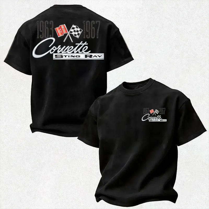 Vette C2 Sting Ray Crossed Flags Logo Cotton Print Men's T-Shirt