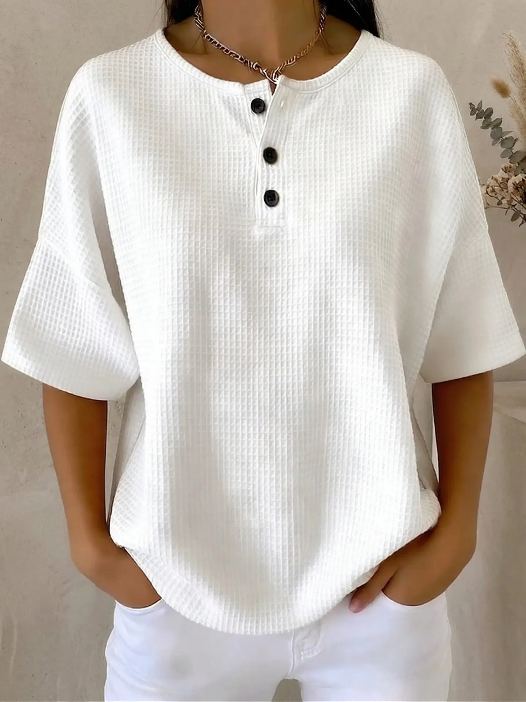 Clearance Sale🔥 Women's Casual Waffle Henry Collar 4/3 Sleeves T-shirt