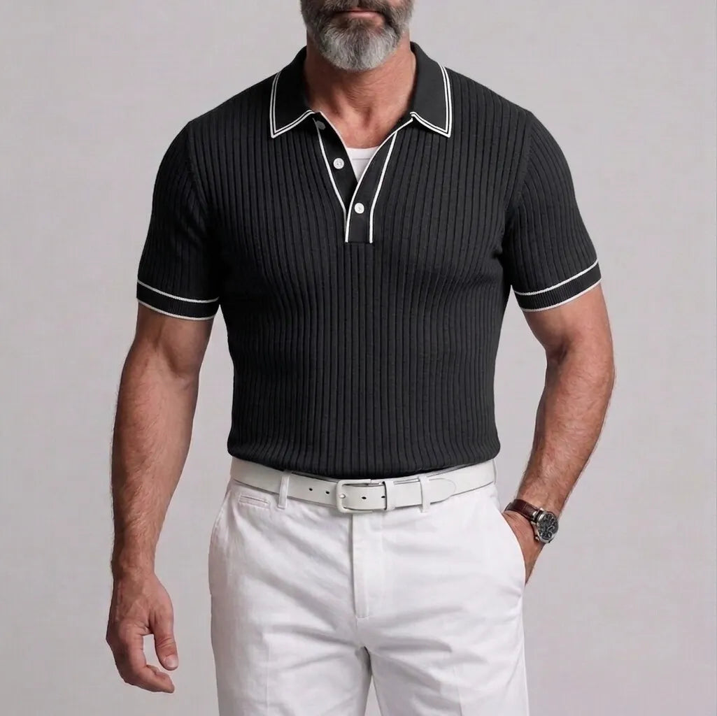 Men's Casual Navy Blue Ribbed Knit Contrast Binding Slim Fit Polo Shirt