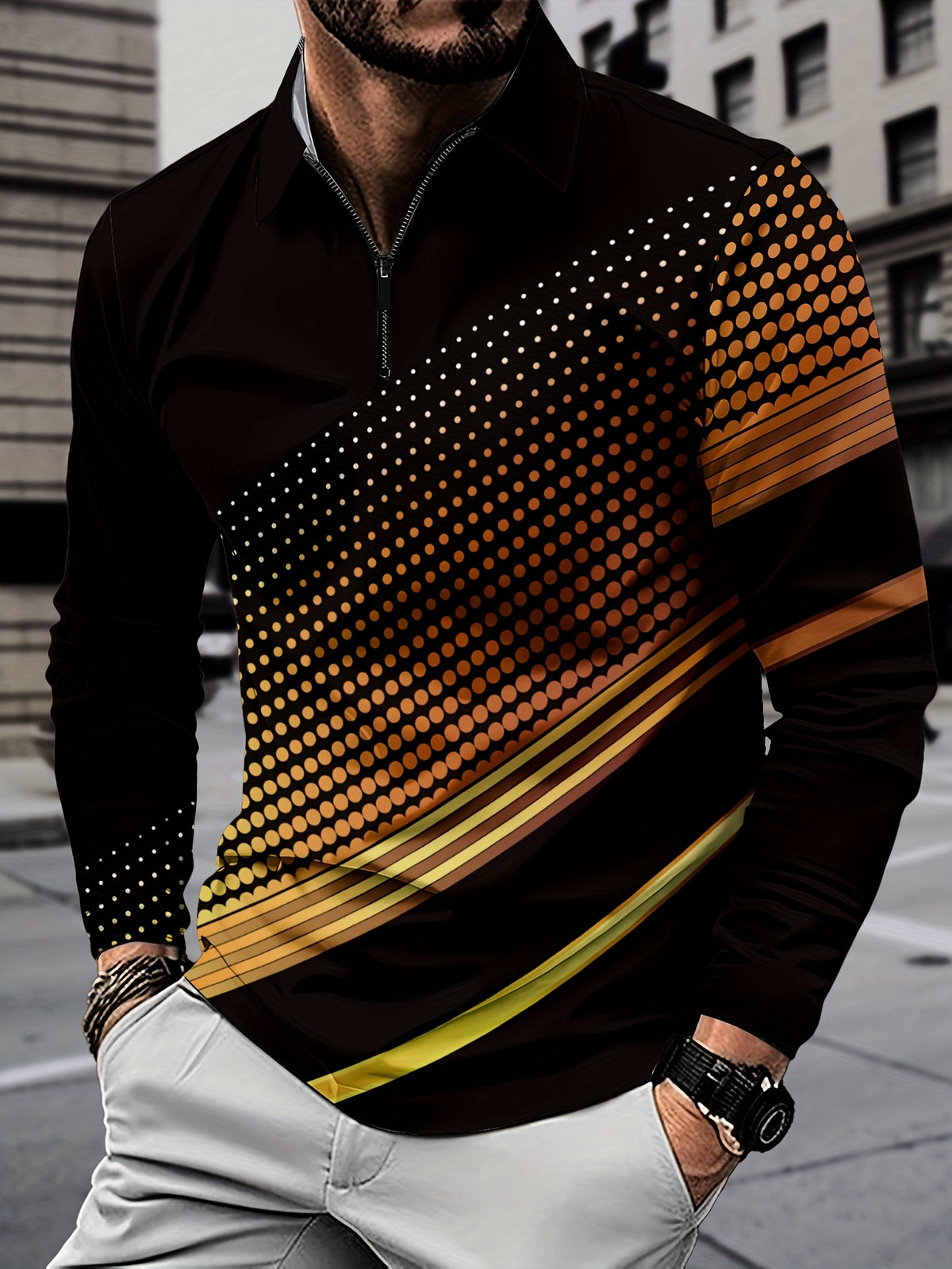 Men's Casual Yellow & Black Color Matching Polka Dots Gradient Printed Zipper Long Sleeved Polo Shirt