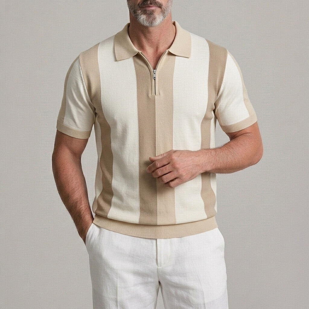 Men's Business Casual Colorblock Half Zipper Slim Knitted Polo Shirt