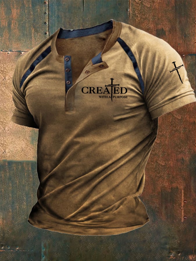 Men'S Created With A Purpose Print Henley Collar Top