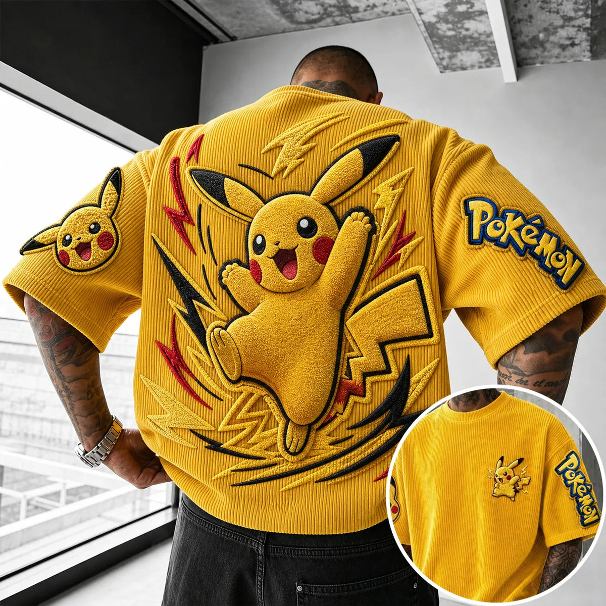 Pokémon Unisex Anime-Style Retro Corduroy Oversized T-Shirt