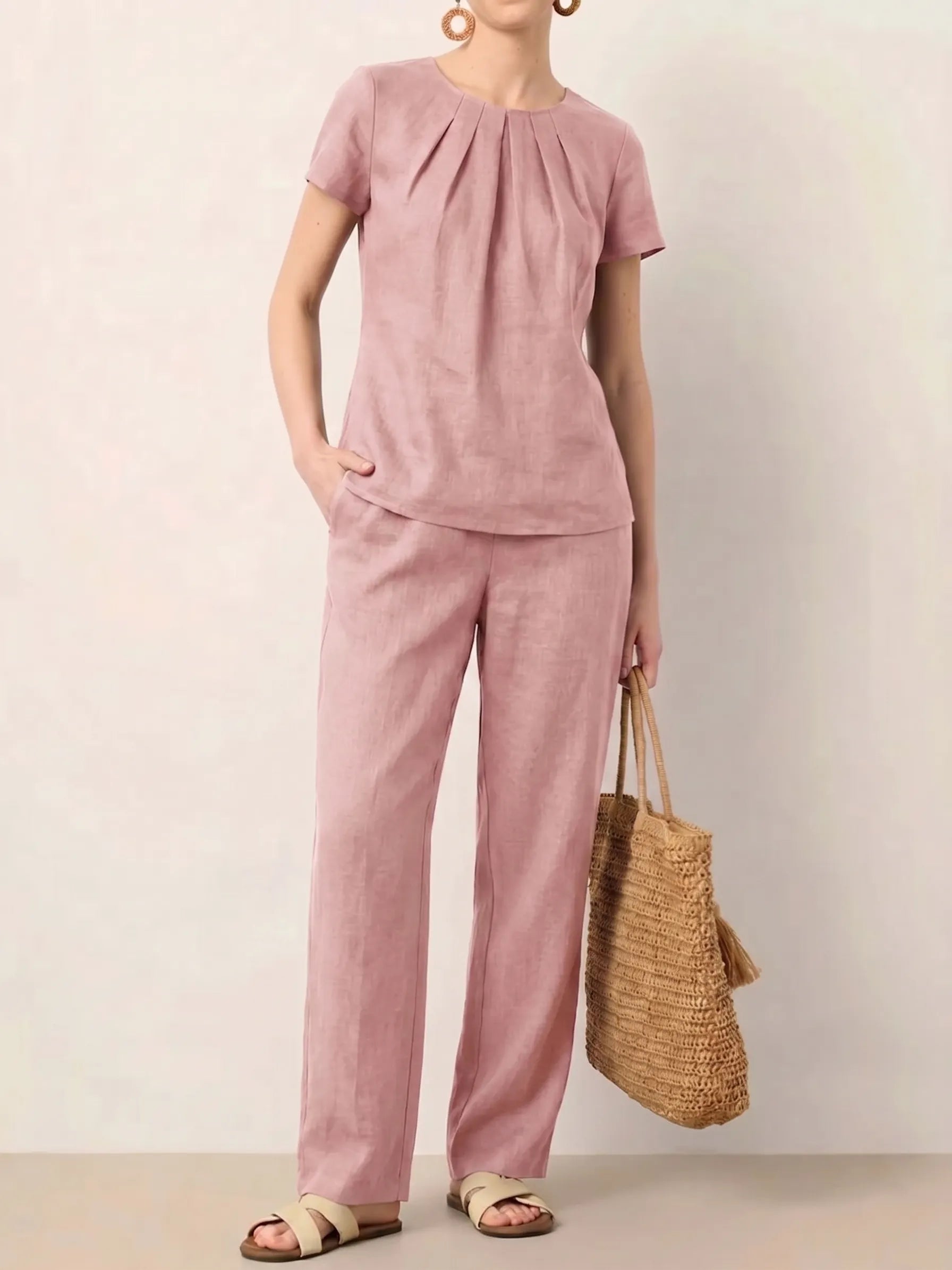 Clearance Sale🔥 Women's Summer Linen Blend 2-Piece Set: Elegant Pleated Round Neck Short Sleeve Top & Wide Leg Long Pants Casual Loungewear
