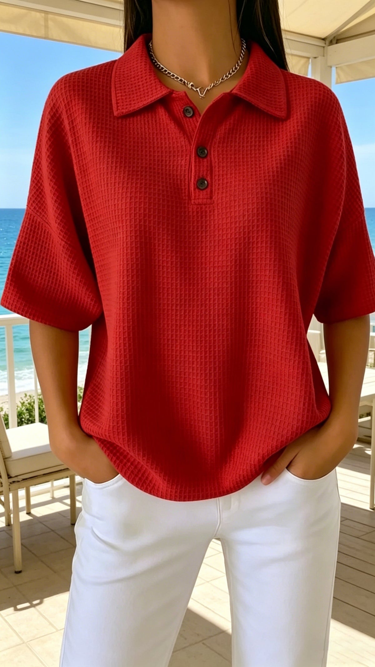 Women's Button-Front Waffle-Knit Short-Sleeve T-Shirt