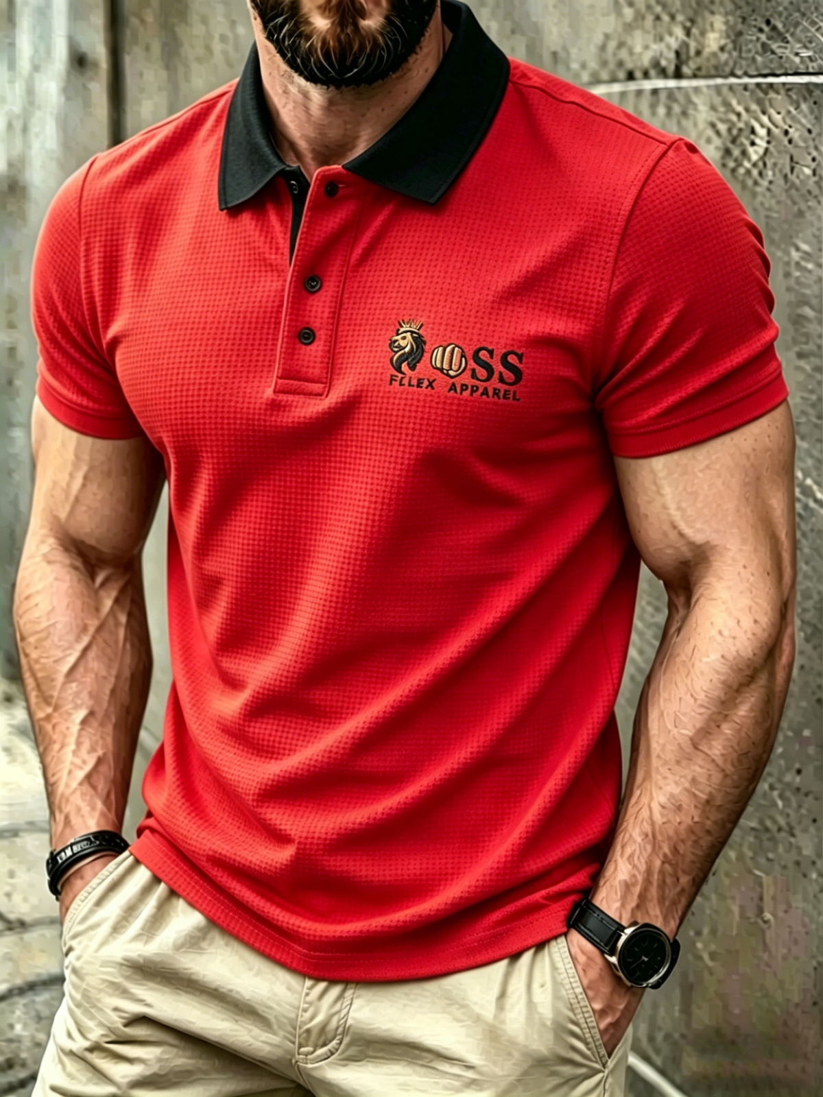 Men's Fashion Business Style Letter Printed Waffle Casual Short Sleeve POLO Shirt