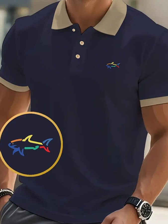 Men's Classic Casual Business Whale Fashion Color Block Polo Shirt