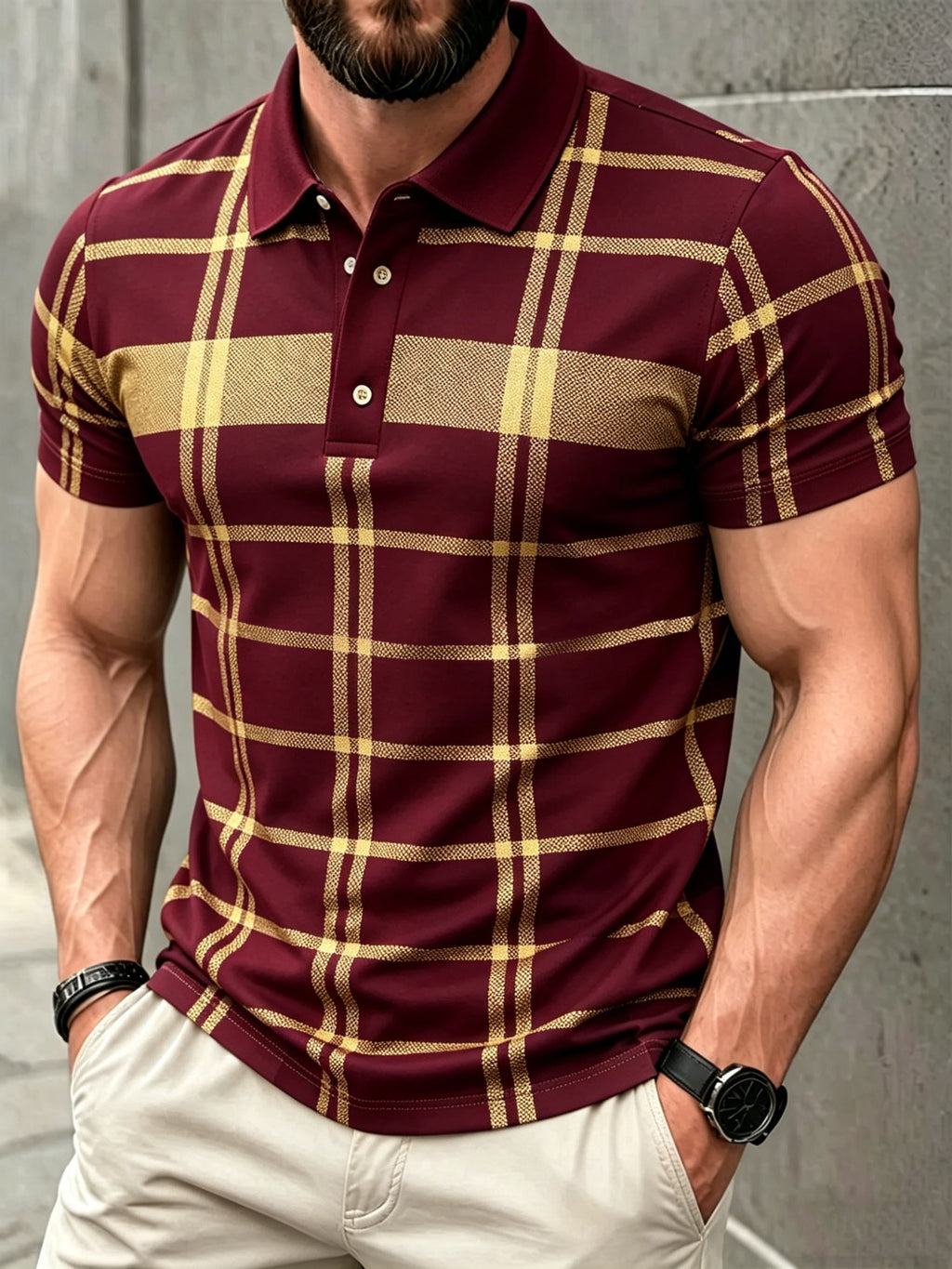 Men's Business Casual Black and Yellow Plaid Button Short Sleeve Polo Shirt