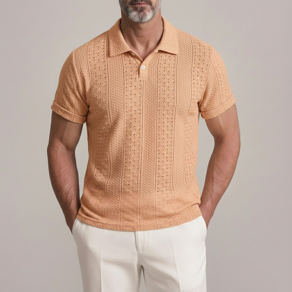 Men's Geometric Texture Solid Color Hollow Out Breathable Polo Shirt