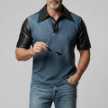 Men's PU Leather Patchwork Denim Two-Tone Slim Short Sleeve Polo Shirt