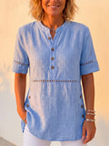 Clearance Sale🔥 Vintage Cotton-Linen Look Eyelet Embroidery Short Sleeve Blouse - Casual Half-Placket Button-Down Breathable Tunic Top