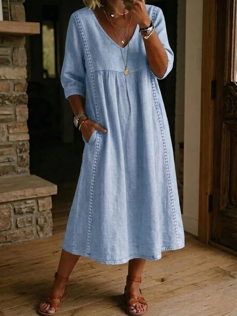 Clearance Sale🔥 Women's Casual Loose-fitting Patchwork Lace Trim Linen And Cotton Dress