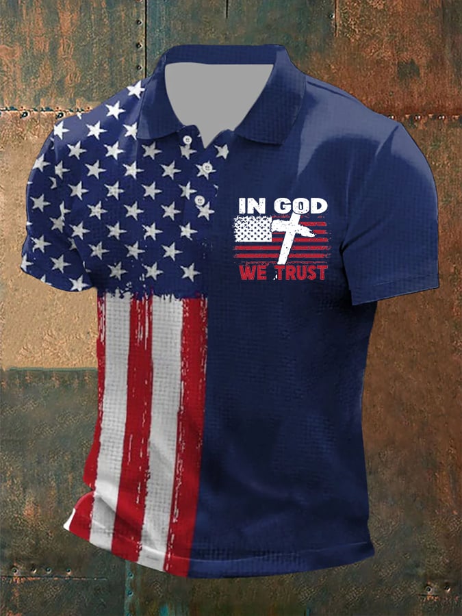 Men's In God We Trust Flag Printed Casual Polo Shirt
