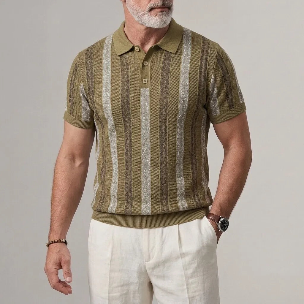 Men's Casual Contrast Striped Hollow Out Ribbed Hem Slim Fit Polo Shirt