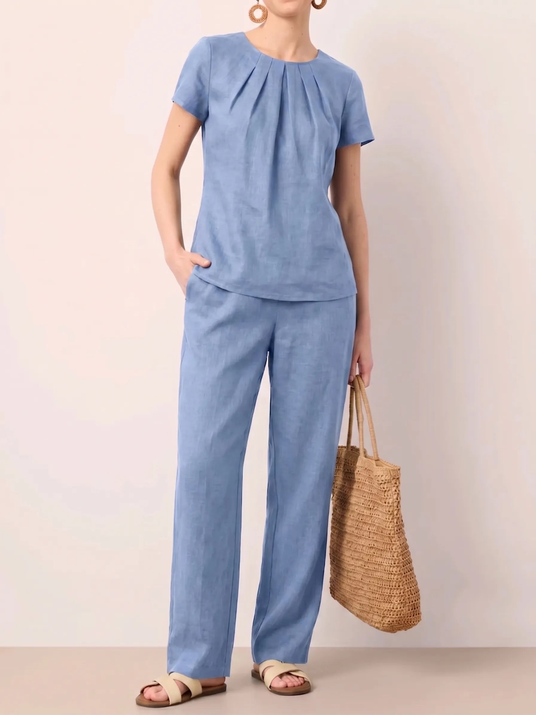Clearance Sale🔥 Women's Summer Linen Blend 2-Piece Set: Elegant Pleated Round Neck Short Sleeve Top & Wide Leg Long Pants Casual Loungewear