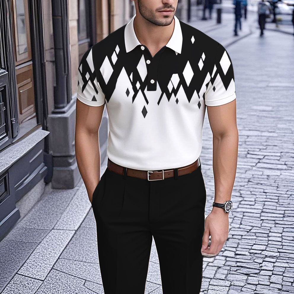 Men's Business Casual Polo Collar Geometric Printed Short-Sleeved Shirt 183445