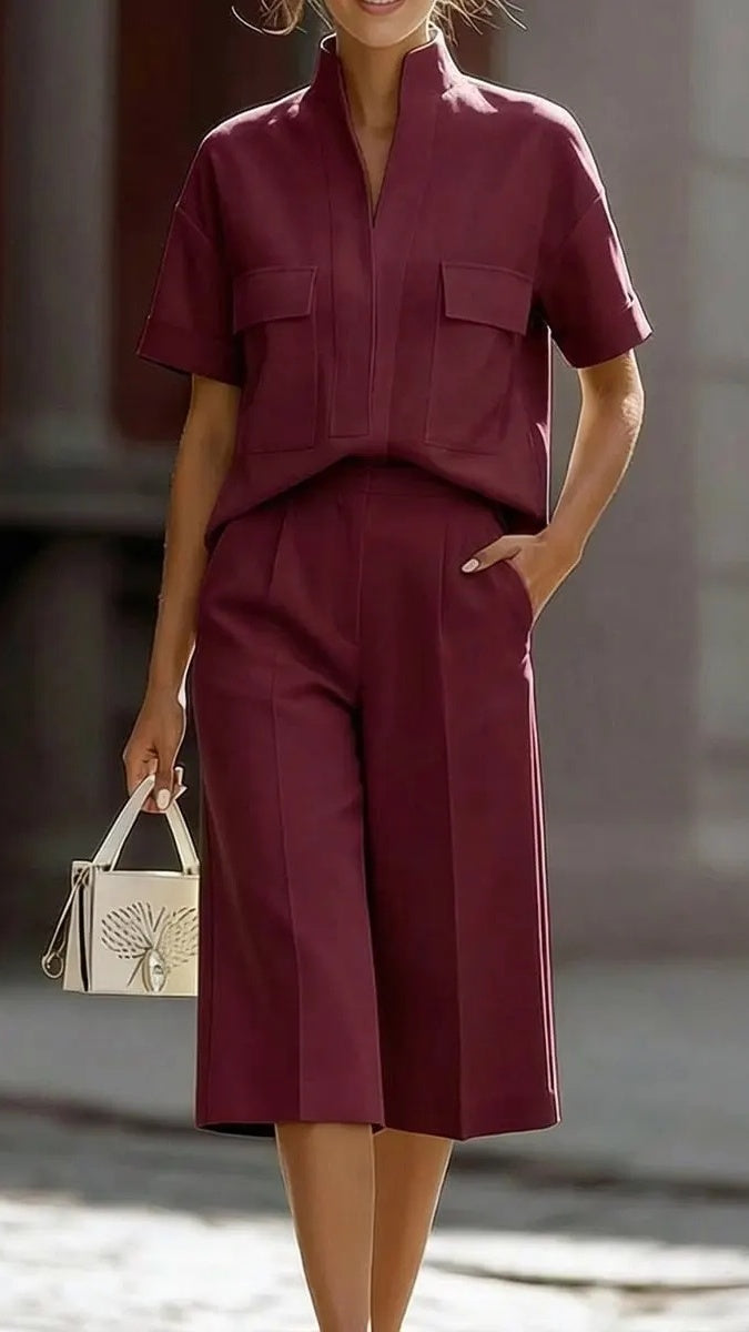 Women's Casual Loose-Fit Solid-Color Two-Piece Set with Pockets