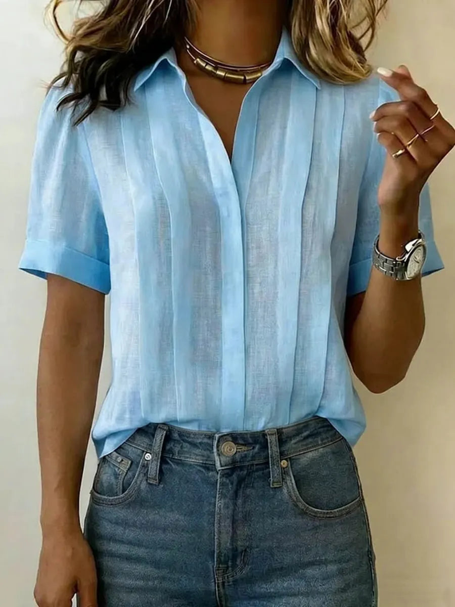 Clearance Sale🔥 Women's Lapel Short-sleeved Casual Loose Pleated Cotton And Linen Shirt T Shirts