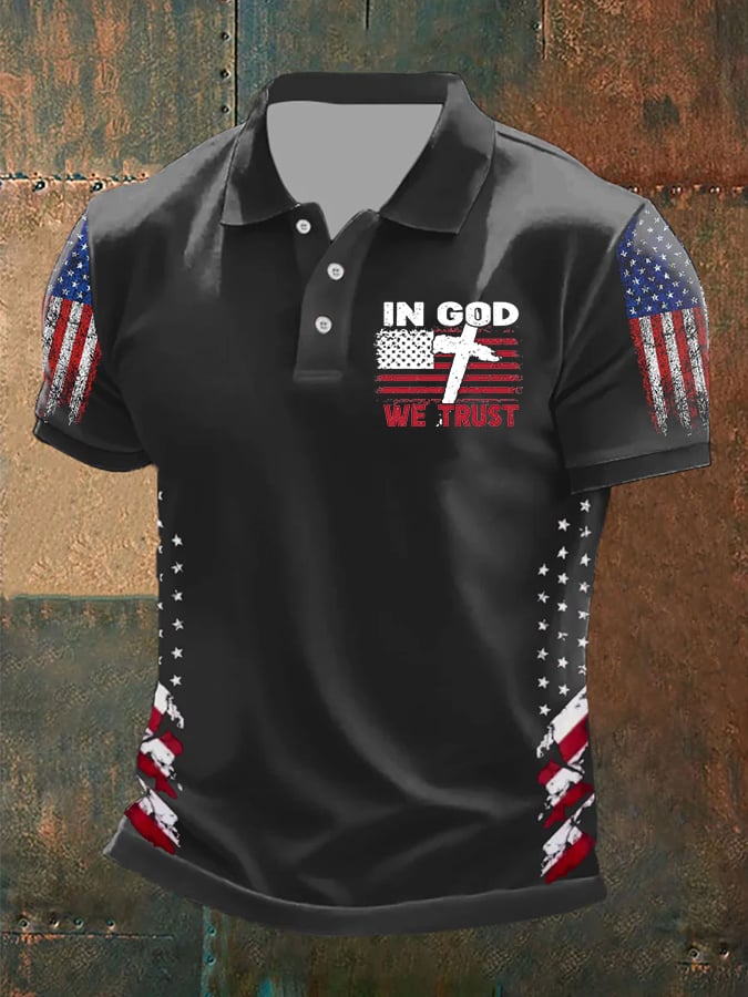 Men's In God We Trust Flag Printed Casual Polo Shirt