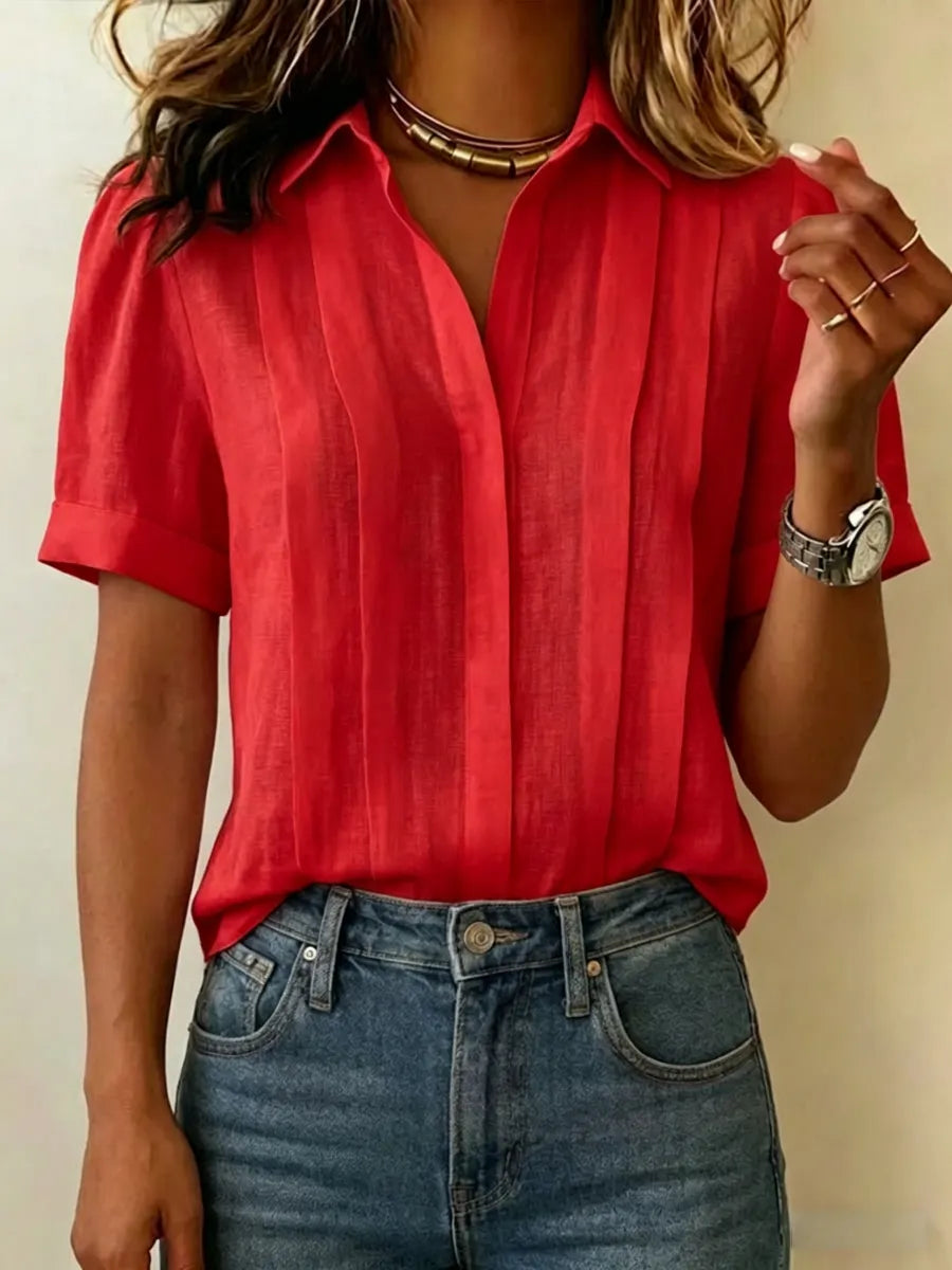 Clearance Sale🔥 Women's Lapel Short-sleeved Casual Loose Pleated Cotton And Linen Shirt T Shirts