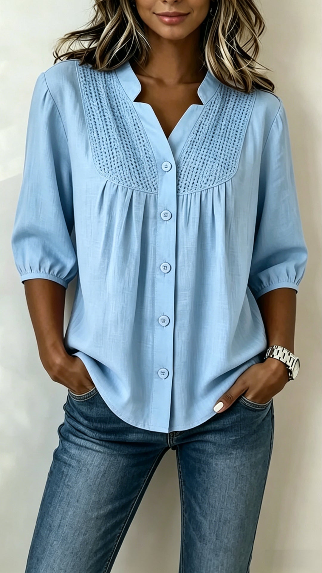 Women's  Crochet Detail Cotton-Blend Blouse