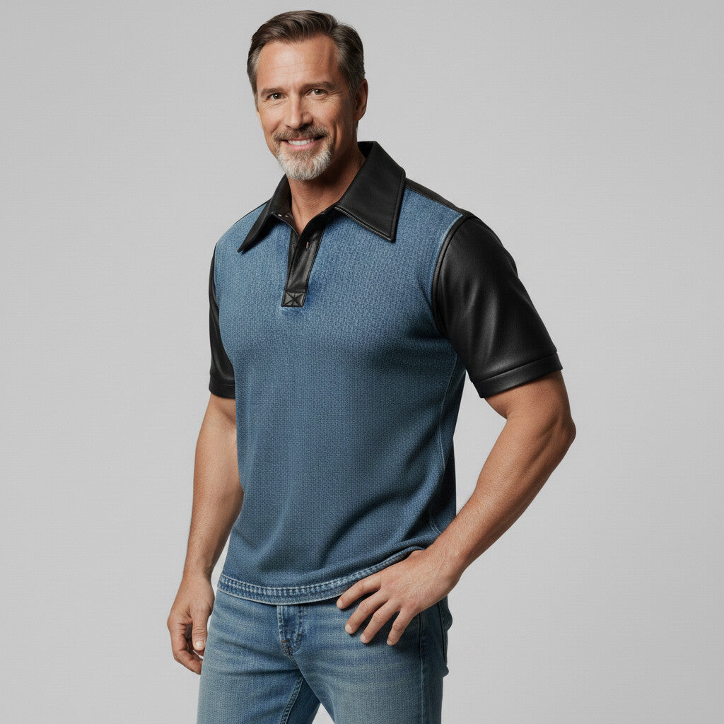 Men's PU Leather Patchwork Denim Two-Tone Slim Short Sleeve Polo Shirt