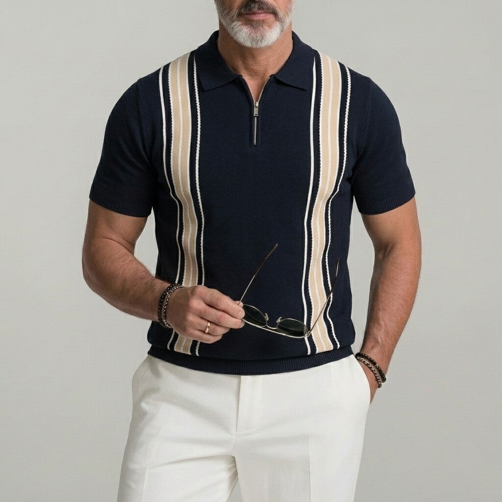 Men's Daily Striped Print Turndown Collar Half-Zip Knitted Polo Shirt