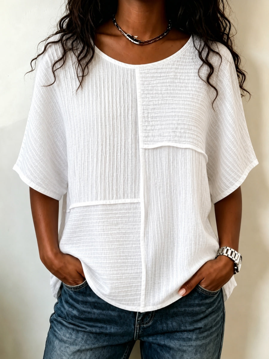 🔥 CLEARANCE SALE🔥 Women's Textured Patchwork Top with Round Neck and Short Sleeves