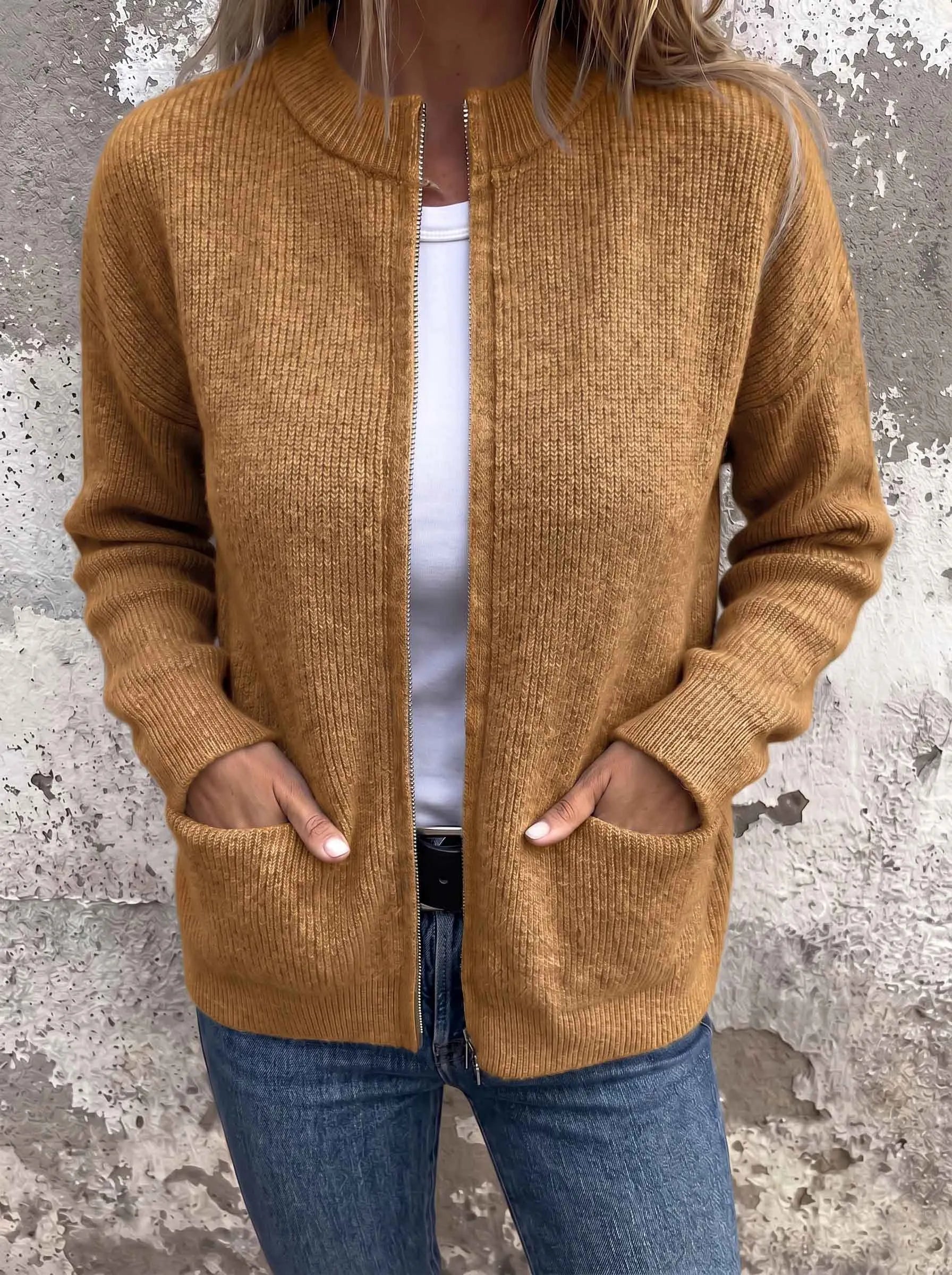 CLEARANCE SALE🔥 Round Neck Ribbed Knit Zip Jacket