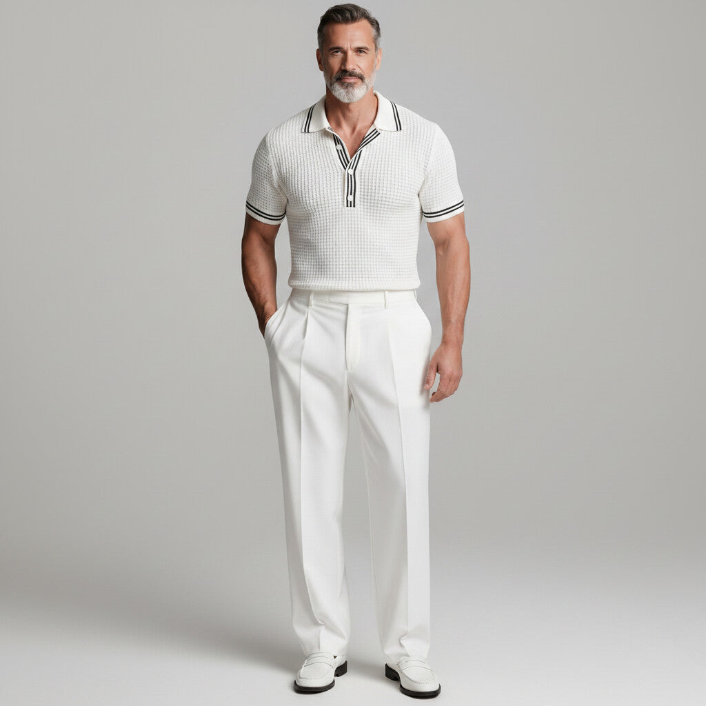 Men's Casual White Waffle Texture Contrast Striped Slim Fit Polo Shirt